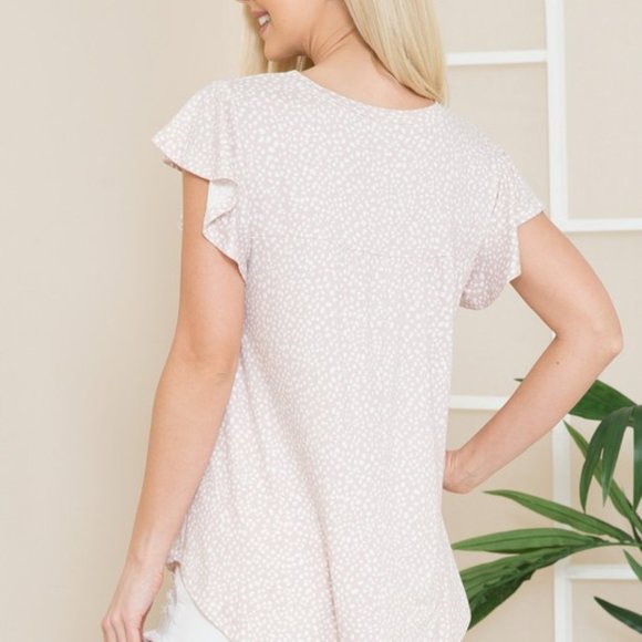 Ruffle Sleeve Round Neck Top- Dusty Rose with white spots - Picture 5 of 7